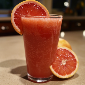 A vibrant glass of Citrus Sunrise, bursting with goodness, radiates a rich pinkish-red hue reminiscent of a breathtaking sunrise. A zesty slice of grapefruit graces the rim, adding an extra touch of freshness. Accompanied by two luscious halved grapefruits—one proudly upright and the other playfully lying flat—this scene captures the essence of Zestful Blends’ dedication to health and vitality. Set against a dimly lit, citrus-themed kitchen backdrop, this image highlights our commitment to freshness and eco-friendly choices in every sip and bite you enjoy from our fruit salads, juices, snacks, smoothies, whole fruit packs, and desserts. Indulge in nature's finest with Zestful Blends!