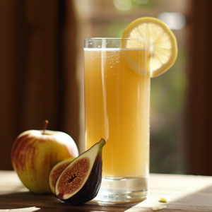 A tall glass of our Citrus Sunrise juice, bursting with goodness and garnished elegantly with a lemon slice, sits on a rustic wooden table. Beside it, a crisp whole apple and a succulent halved fig accentuate the scene. The softly blurred background, bathed in natural light reminiscent of sunrise, enhances the fresh ambiance. Our Citrus Sunrise is crafted to invigorate your senses with its vibrant health benefits and refreshing taste—just one example of how Zestful Blends brings you nature's best in every sip. Plus, we're committed to eco-friendly practices that make your wellness journey sustainable and delicious!