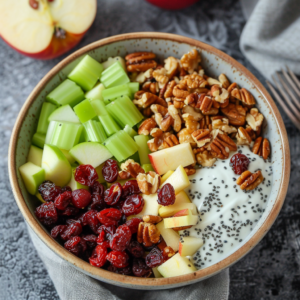 A vibrant bowl of Apple & Cranberry Crunch, bursting with goodness and fresh ingredients! Topped with diced celery, crisp chopped apples, juicy dried cranberries, nutrient-rich chia seeds, and a medley of assorted nuts for that perfect delightful crunch. In the background, a halved apple and an elegant gray cloth rest on a stylish textured gray surface. At Zestful Blends, we’re committed to providing you with wholesome snacking options that are as eco-friendly as they are delicious.