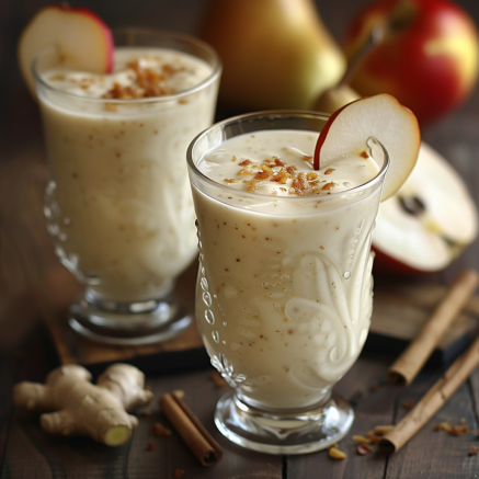 Two glass cups brimming with our creamy Avocado Green Dream, adorned with crisp apple slices and a delightful sprinkle of granola. Surrounding this luscious treat are juicy pears and apples, zesty ginger root, and the perfect avocado—all set against a rich wooden backdrop. Cinnamon sticks add a cozy warmth to this tableau of freshness. At Zestful Blends, every sip is bursting with goodness, reflecting our commitment to health benefits and eco-friendly practices in all our vibrant fruit salads, revitalizing juices, nutritious snacks, delicious smoothies, whole fruit packs, and delectable desserts.