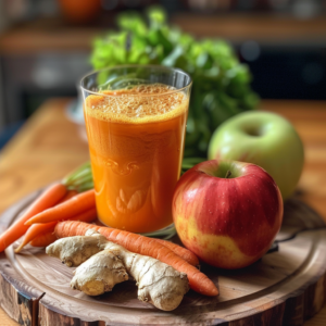 A glass of Citrus Sunrise, our vibrant and refreshing blend, graces a wooden cutting board surrounded by whole apples, crisp carrots, zesty ginger, and leafy greens. This delightful drink is bursting with goodness, offering a nourishing start to your day. Enjoy the perfect sunrise boost with our eco-friendly choice that embraces nature's best ingredients for a zestful life!