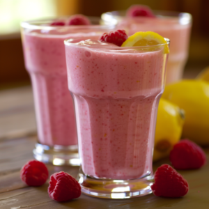 Three glasses of creamy pink Raspberry Lemon Avocado Green Dream, bursting with goodness, are elegantly garnished with fresh lemon slices and vibrant raspberries. Set against a wooden table adorned with whole lemons and scattered raspberries, this dreamy and vibrant scene perfectly captures the freshness of Zestful Blends. Our healthy concoctions deliver premium nutrition in every sip, making them the ideal refreshment for your day. Enjoy the eco-friendly brilliance of nature's finest ingredients!