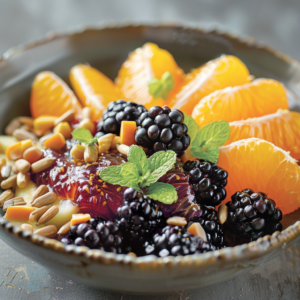 Experience the vibrant freshness of Zestful Blends with our Blackberry & Orange Zest Delight! This bowl bursts with the goodness of ripe blackberries and lively orange zest slices, all expertly segmented for a perfect blend. Garnished with mint leaves and a sprinkle of sunflower seeds, each bite offers a delightful crunch and zesty flavor that’s as nourishing as it is delicious. Enjoy this colorful mix knowing it's part of our commitment to health, wellness, and eco-friendly practices. Dive into the pure joy of nature’s best with every rejuvenating spoonful!