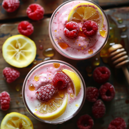 Two glasses of Avocado Green Dream, bursting with goodness, are perfectly garnished with zesty lemon slices, fresh raspberries, and a delectable drizzle of honey. Surrounding these vibrant beverages are scattered raspberries and lemon slices on a rustic wooden surface—showcasing the lavish freshness of our ingredients. To the right, a honey dipper oozes with golden honey, completing this eco-friendly and nutrient-packed masterpiece from Zestful Blends. Enjoy ultimate health benefits in every sip!