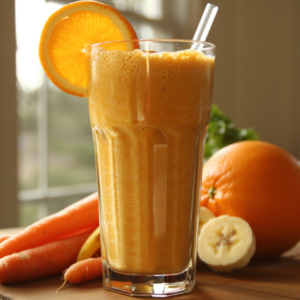 A tall glass of our Avocado Green Dream smoothie, garnished with a vibrant orange slice and eco-friendly straw, takes center stage. This dreamy concoction is surrounded by fresh carrots, zesty oranges, and a ripe banana on a rustic wooden surface. Bursting with goodness, this smoothie embodies the health benefits and freshness that Zestful Blends is known for.