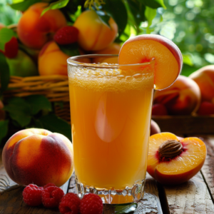 A refreshing glass of Citrus Sunrise, bursting with goodness, garnished with a juicy peach slice. This vibrant drink is surrounded by plump, whole peaches, succulent peach halves, and fresh raspberries on a rustic wooden table. In the background, a wicker basket overflowing with ripe peaches and lush green leaves evokes the natural essence of our eco-friendly practices. Rejuvenate your senses with our health-packed creations at Zestful Blends!