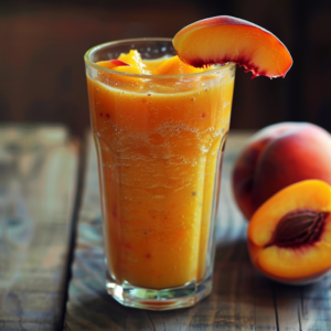 A vibrant glass of Citrus Sunrise, bursting with goodness and garnished with a luscious peach slice on the rim, sits elegantly on a rustic wooden table. Whole and halved peaches nestle beside it, showcasing the fresh, juicy ingredients that make this drink an invigorating blend of health benefits. Enjoy every sip knowing Zestful Blends commits to eco-friendly practices while delivering unparalleled freshness in every refreshing treat.