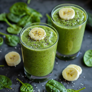 Behold the Avocado Green Dream! Two vibrant glasses of this creamy, nutrient-rich elixir are bursting with goodness. Each sip offers a taste of pure health, infused with luscious avocado and garnished with delightful banana slices and chia seeds. Fresh spinach leaves and extra banana slices add to the visual feast on a dark textured surface. This eco-friendly treat is nature's finest in a glass—a healthy dream come true from Zestful Blends!