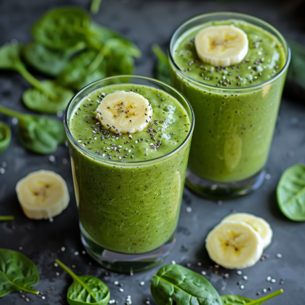 Behold the Avocado Green Dream! Two vibrant glasses of this creamy, nutrient-rich elixir are bursting with goodness. Each sip offers a taste of pure health, infused with luscious avocado and garnished with delightful banana slices and chia seeds. Fresh spinach leaves and extra banana slices add to the visual feast on a dark textured surface. This eco-friendly treat is nature’s finest in a glass—a healthy dream come true from Zestful Blends!