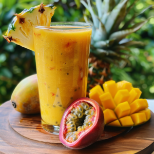 A tall glass of our Citrus Sunrise, bursting with goodness and reminiscent of a vibrant sunrise, is elegantly garnished with fresh pineapple slices and sits on a stylish wooden surface. Beside this delightful drink are a halved passionfruit, juicy diced mango, and a whole mango - all epitomes of freshness. A lush pineapple with vivid green leaves completes the scene against an inviting green backdrop. Every sip is a refreshing journey into health and vitality crafted from nature’s finest ingredients. Our eco-friendly practices ensure you enjoy these treasures responsibly!