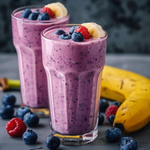 Two tall glasses of Avocado Green Dream, brimming with vibrant health and topped with luscious blueberries, raspberries, and banana slices. This delightful smoothie is bursting with goodness, showcasing the freshest ingredients for a nutrient-packed treat. Scattered around the base are additional berries for that extra touch of freshness, while a whole banana and dreamy avocado lie in the background, reminding you of our commitment to wholesome, eco-friendly indulgence. Experience pure vitality with every sip!