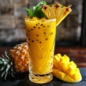 Savor the vibrant freshness of Zestful Blends' Citrus Sunrise! This invigorating tropical drink, elegantly served in a tall glass and garnished with a slice of juicy pineapple and sprigs of fresh mint, is bursting with goodness. Our delightful blend features succulent mangoes, tangy passion fruit seeds, and a splash of zesty citrus for an unforgettable taste experience. The backdrop showcases a whole pineapple and diced mangoes, capturing the essence of sunrise and nature’s bounty. Enjoy this delectable treat made from sustainably sourced ingredients that boosts your health while being kind to our planet.