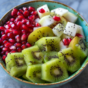 A bowl brimming with vibrant, fresh fruits showcases our Exotic Dragon Fruit Salad, artfully arranged for a tantalizing display. Bursting with goodness, this salad features juicy red pomegranate seeds, sliced green kiwi, cubed pear pieces, and exotic dragon fruit. Perfectly crafted to nourish your body and delight your senses! At Zestful Blends, we ensure each bite is packed with health benefits and unmatched freshness. Enjoy our eco-friendly masterpieces that are as good for the planet as they are for you!