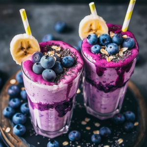 Two tall glasses brimming with our vibrant purple Avocado Green Dream smoothies are topped with a medley of fresh blueberries, nutrient-packed chia seeds, crunchy granola, and banana slices. Yellow and white striped straws invite you to sip these luscious blends bursting with goodness. Extra blueberries scattered around the base add an extra pop of freshness. It’s truly a green dream for your taste buds! Indulge in the health benefits and savor the eco-friendly delight that Zestful Blends brings to every sip.