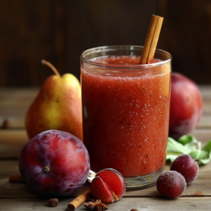 A vibrant glass of Citrus Sunrise, bursting with goodness and garnished with an aromatic cinnamon stick, takes center stage on a rustic wooden table. Surrounding it are fresh pears, plums, and juicy grapes, exuding the essence of autumn's bounty. Experience the pure health benefits and refreshing taste of our meticulously crafted fruit blends that promise vitality in every sip. At Zestful Blends, our commitment to eco-friendly practices ensures that each delicious product is as kind to the planet as it is to your body.