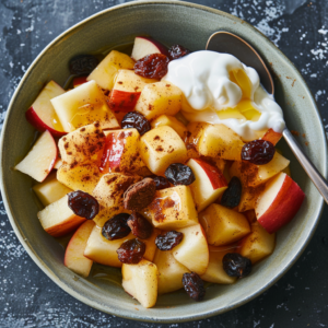 A bowl bursting with the goodness of our Spiced Apple & Raisin Salad, sprinkled with invigorating cinnamon. To the side, a dollop of creamy yogurt drizzled with pure honey enhances the experience. A sleek spoon nestles inside, ready to deliver a taste of freshness and health benefits in every bite. Our vibrant creation rests on an elegant dark surface—exemplifying Zestful Blends’ commitment to eco-friendly elegance and nutritious indulgence.