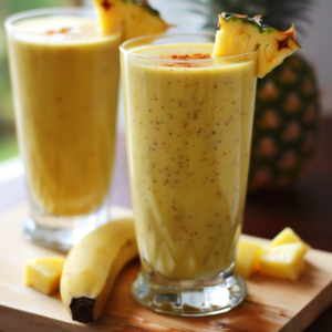 Two tall glasses of Avocado Green Dream, garnished with fresh pineapple slices and a dash of spice, brimming with health and flavor. Surrounding the glasses on a rustic wooden surface are a whole banana, juicy pineapple chunks, and an entire pineapple — showcasing the dream tropical fruit blend bursting with goodness. Refresh your senses with our eco-friendly delight that promises vibrant freshness and wellness in every sip!