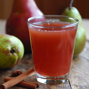 A vibrant glass of Citrus Sunrise graces a wooden table, surrounded by luscious ripe pears, zesty citrus slices, and aromatic cinnamon sticks. Bursting with goodness, this amber-hued juice blends refreshing fruits and warming spices, offering a healthful sip of vitality. In the background, whole pears and soft sunrise hues create an autumnal paradise that celebrates the freshness and eco-friendly ethos of Zestful Blends. Indulge in our fruit-packed delights designed to invigorate your day with every nourishing taste.