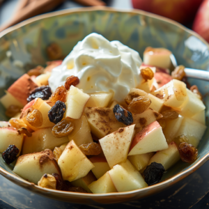 Feast your eyes on our Spiced Apple & Raisin Salad—a bowl bursting with the wholesome goodness of fresh apples and succulent raisins, expertly spiced for a delightful flavor experience. Crowned with a dollop of airy whipped cream, this refreshing treat promises both indulgence and healthful benefits. A spoon rests invitingly beside the vibrant bowl, while crisp apples in the background hint at the salad's farm-fresh origins. Embrace Zestful Blends’ commitment to eco-friendly practices with every bite!