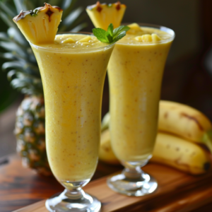 Immerse yourself in a burst of natural goodness with our Avocado Green Dream smoothie. These two tall glasses are brimming with creamy perfection, garnished with tantalizing pineapple wedges and fresh mint leaves. Rich in nutrients, the hint of avocado adds a delightful green twist that’s as nourishing as it is refreshing. Behind these vibrant smoothies, whole bananas and a succulent pineapple rest on an eco-friendly wooden surface, underscoring our commitment to freshness and sustainability. Experience the Zestful Blends promise of health and vitality in every tropical sip!