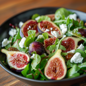 A vibrant bowl bursting with goodness, our Fig & Goat Cheese Delight features fresh, juicy figs, crisp leafy greens, and creamy crumbled goat cheese. This colorful salad is a feast for the eyes and a health-packed delight for your body. Served on an eco-friendly wooden table backdrop, it embodies Zestful Blends' commitment to freshness and sustainability. Dive into this appetizing dish and experience the zest of wholesome ingredients! 🌱🥗🧀