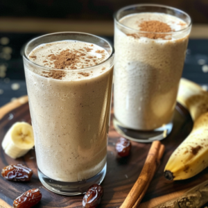 Two glasses of our Avocado Green Dream Smoothie, bursting with goodness and a dash of cinnamon magic, rest atop a rustic wooden board. Surrounded by lush bananas, nutrient-rich dates, and a fragrant cinnamon stick, this vibrant display exudes freshness and health. Dive into Zestful Blends' eco-friendly oasis where every sip is a delightful journey to wellness.