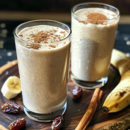 Two glasses of our Avocado Green Dream Smoothie, bursting with goodness and a dash of cinnamon magic, rest atop a rustic wooden board. Surrounded by lush bananas, nutrient-rich dates, and a fragrant cinnamon stick, this vibrant display exudes freshness and health. Dive into Zestful Blends’ eco-friendly oasis where every sip is a delightful journey to wellness.