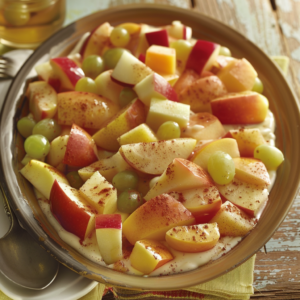 A radiant Orchard Medley in a charming round dish, featuring crisp sliced apples, juicy grapes, and vibrant melon cubes, all dusted with a hint of cinnamon. Bursting with goodness and freshness, this delightful fruit salad sits beautifully on a rustic wooden table next to two eco-friendly metal spoons—perfect for a healthful snack or dessert. Savor the zestful flavors while nourishing your body with nature’s finest!