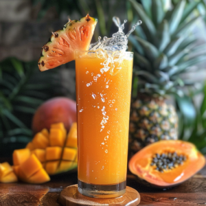 A tall glass of Citrus Sunrise, bursting with goodness, is garnished with a vibrant pineapple slice and brimming with icy freshness. Droplets of this invigorating drink dance in mid-air, celebrating its zestful vitality. Behind it, a whole pineapple stands proudly beside a halved papaya and perfectly diced mango pieces, capturing the essence of a tropical sunrise. At Zestful Blends, our nutritious offerings are always fresh and eco-friendly—delighting your taste buds while nourishing your body.