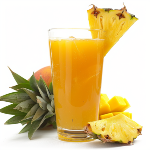 A tall glass of Citrus Sunrise takes center stage, garnished with a vibrant pineapple slice. Surrounding the glass are juicy, golden pineapple chunks, verdant pineapple leaves, and a whole tropical pineapple against a pristine white backdrop. Bursting with goodness, this refreshing juice is crafted to kickstart your day with an invigorating blend of fresh citrus flavors. At Zestful Blends, our products promise not just exceptional taste but also essential health benefits and eco-friendly practices in every sip and bite!