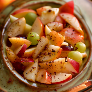 A radiant, close-up image of our Orchard Medley, bursting with goodness in every vibrant bite. This bowl showcases an enticing assortment of fresh fruits like crisp apples, juicy grapes, and succulent melon chunks, all meticulously sprinkled with a blend of invigorating spices. Each fruit glistens with natural freshness, creating a tantalizing fusion of colors and textures. Enjoy the health benefits and eco-friendly choices that make Zestful Blends your go-to for wholesome fruit salads that elevate every meal.