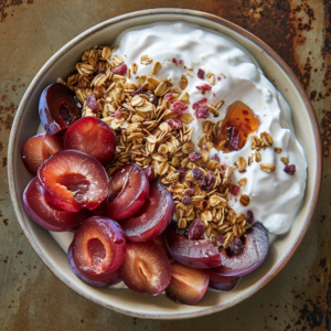 Savor the freshness with our Creamy Plum & Yogurt Bliss! This delightful bowl is bursting with goodness, topped with juicy dark red plums, crunchy granola, and a drizzle of golden honey. Artfully arranged and perfect for a wholesome breakfast or energizing snack, every bite of this vibrant treat is pure plum bliss. At Zestful Blends, we prioritize your health and the planet’s well-being—enjoy nutritious choices that are as eco-friendly as they are delicious. Indulge in nature’s finest flavors for a zestful start to your day!