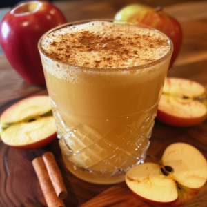 A glass filled with our frothy Citrus Sunrise juice, topped with a sprinkle of cinnamon, sits gracefully on a rustic wooden table. Surrounded by whole and halved red apples and aromatic cinnamon sticks, this vibrant scene captures an inviting autumnal beverage that's just perfect for a crisp morning. Bursting with goodness, our Citrus Sunrise is not only delicious but also brimming with nourishing health benefits. Each sip promises fresh ingredients and zesty flavor! Plus, all of Zestful Blends' packaging is eco-friendly—so you can enjoy guilt-free delight in every gulp!