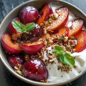 Behold the Plum & Yogurt Bliss: a bowl overflowing with radiant halved plums, lusciously creamy yogurt, and a sprinkle of crunchy granola—pure euphoria in every bite. Our deep red plums glisten with natural shine, bursting with goodness and drizzled in a delectable glaze. Fresh mint leaves crown the yogurt, infusing an extra touch of healthful freshness to this delightful dish. Experience the perfect harmony of flavors while enjoying our commitment to eco-friendly practices at Zestful Blends.