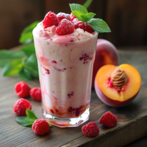 A tall glass brimming with our creamy Raspberry and Peach Avocado Green Dream, garnished with vibrant fresh raspberries, sprigs of mint, and a luscious dollop of dreamy avocado atop. Surrounding the glass are whole ripe raspberries, a juicy halved peach, and aromatic mint sprigs laid out on a beautifully rustic wooden surface. This indulgent smoothie is bursting with goodness—packed with essential nutrients and revitalizing freshness. At Zestful Blends, we prioritize both your health and our planet by offering eco-friendly packaging for all our fruit salads, juices, snacks, smoothies, whole fruit packs, and delectable desserts.