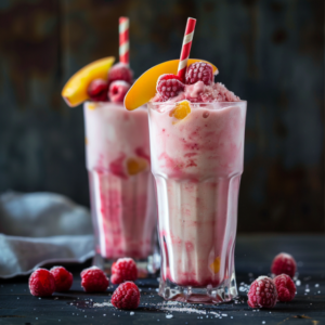 Two tall glasses brimming with creamy Avocado Green Dream, bursting with goodness and vibrant flavor, are beautifully garnished with succulent peach slices and fresh raspberries. Nestled on a dark surface scattered with extra raspberries, these smoothies invite you to indulge in a delicious health boost. Each glass is elegantly accented with a striped straw. At Zestful Blends, our offerings are always fresh, eco-friendly, and packed with nutrients to invigorate your day!