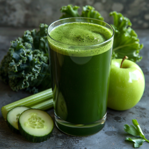 A vibrant glass of Citrus Sunrise brimming with zestful goodness sits on a rustic table surrounded by the finest fresh produce. Bursting with health benefits, this refreshing juice is perfectly paired with crisp kale, succulent cucumber slices, crunchy celery sticks, and a juicy green apple. Bathed in the warm rays of sunrise, this scene captures the essence of eco-friendly freshness and vitality that Zestful Blends brings to every fruit salad, juice, snack, smoothie, whole fruit pack, and dessert.