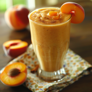 A tall glass of our Peachy Keen smoothie, bursting with refreshing goodness, takes center stage, garnished with a succulent peach slice. Nestled on a vibrant floral-patterned cloth and surrounded by fresh, juicy peaches and peach halves, this scene embodies the essence of health and vitality. The backdrop is softly blurred, adding warmth to this inviting setting. At Zestful Blends, we're committed to delivering freshness in every sip while embracing eco-friendly practices in every step. Dive into the delicious benefits of nature’s bounty with our premium smoothies!