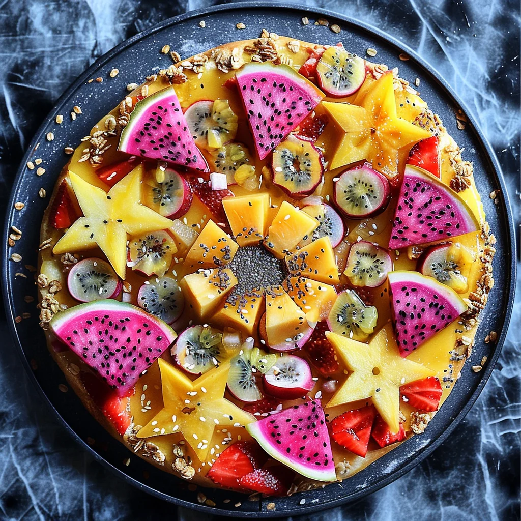 Behold the Exotic Twist Pizza, bursting with goodness and crafted for the vibrant health enthusiast. Displayed on an elegant dark marbled surface, this masterpiece resembles a colorful fruit tart, adorned with fresh slices of dragon fruit, kiwi, starfruit, mango, and strawberries. Each slice is garnished with nutrient-packed chia seeds and crunchy granola in a perfectly symmetrical pattern that pleases both the eyes and the palate. Embrace our eco-friendly approach as you delight in every bite of this nutritious gem from Zestful Blends!