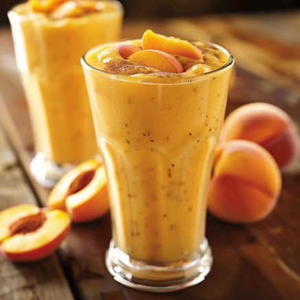 Two tall glasses of our Peachy Keen smoothie sit atop a rustic wooden table, exuding freshness and vitality. Topped with succulent peach slices and a dash of cinnamon, each glass is bursting with goodness. Surrounding the smoothies are whole and halved peaches, underscoring the vibrant appeal and natural freshness that Zestful Blends is known for. Indulge in our Peachy Keen for a deliciously healthy treat that’s as eco-friendly as it is delightful!