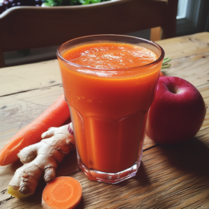 A radiant Citrus Sunrise juice glows on a rustic wooden table, surrounded by an assortment of fresh ingredients: a whole carrot, freshly sliced carrot, zesty ginger, and a vibrant red apple. Bursting with goodness and brimming with health benefits, this delightful blend captures the essence of morning vitality. Soft natural light envelops the scene like the gentle glow of dawn. At Zestful Blends, we’re proud to offer eco-friendly options in every sip—freshness that’s as kind to you as it is to our planet!