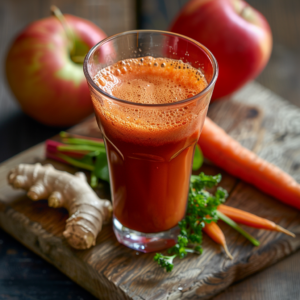 A glass of our Citrus Sunrise sparkles with vibrant, soulful energy on a charming wooden surface, surrounded by the freshest ingredients: a whole carrot, fragrant ginger root, crisp parsley, and two juicy apples. This bright orange juice is bursting with goodness and health benefits— as invigorating as a sunny dawn. At Zestful Blends, we craft every product with care and sustainability in mind. Indulge in the refreshing breeze of Citrus Sunrise for an eco-friendly boost to your day!