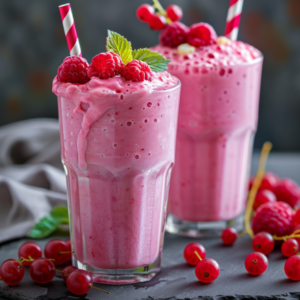 Two tall glasses of our vibrant pink Raspberry Rhapsody smoothies stand proudly, each sip bursting with goodness. Garnished with fresh raspberries, juicy red currants, and fragrant mint leaves, these smoothies promise a refreshing burst of vitality. Savor the layers of flavors through red and white striped straws as extra berries add a splash of color around the glasses on a sleek dark surface. Indulge in the health benefits and unparalleled freshness that Zestful Blends always delivers while enjoying our eco-friendly packaging.