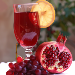 A radiant glass of Citrus Sunrise, bursting with goodness and garnished with a zesty slice of lemon, sits surrounded by a vibrant display of fresh fruits. Juicy grapes and a halved pomegranate flaunting its luscious seeds enhance the scene. The blurred background keeps the focus on this colorful, invigorating arrangement reminiscent of a refreshing citrus sunrise. Every sip promises health benefits and unmatched freshness, perfectly aligning with Zestful Blends' commitment to eco-friendly practices and nourishing indulgence. Discover the zest for life in every glass!