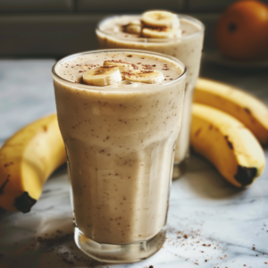 Indulge in the Banana Nut Bliss! These two glasses, crowned with fresh banana slices and a light dusting of cocoa powder, are bursting with goodness. Made from ripe bananas and wholesome nuts, they epitomize freshness and health. Surrounding the glasses on the pristine marble countertop are whole bananas and an assortment of nuts, enhancing the vibrant visual appeal. In the softly blurred background is another perfectly ripened banana, capturing Zestful Blends' commitment to eco-friendly practices and premium quality ingredients. Perfect for a nutritious snack or an energizing smoothie base!