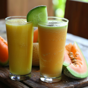 Two tall glasses of our invigorating Citrus Sunrise stand proudly on a rustic wooden surface, epitomizing freshness and vibrant health. One glass sparkles with a light yellow hue, echoing the first light of dawn, while the other radiates in bright orange brilliance. Both are meticulously garnished with crisp cucumber slices and surrounded by juicy cantaloupe pieces, bursting with goodness. This refreshing duo showcases Zestful Blends' commitment to natural energy and eco-friendly packaging—uplifting your day while caring for our planet!