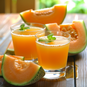 Two glasses of our Citrus Sunrise, *bursting with goodness*, are elegantly garnished with fresh mint leaves and presented on a rustic wooden table. Beside them, slices of ripe cantaloupe unveil their vibrant orange flesh and lush green rind, showcasing peak freshness. Sunlight streams in like a glorious sunrise, casting a warm glow that highlights the invigorating citrus undertones. At Zestful Blends, we prioritize health benefits and eco-friendly practices to bring you fruit salads, juices, snacks, smoothies, whole fruit packs, and desserts that delight your senses while nourishing your body.