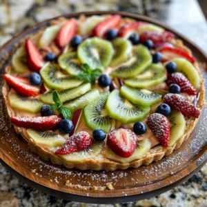 Experience the vibrant and refreshing delight of Zestful Blends with our Kiwi & Berry Carnival Pizza! Bursting with goodness, this delectable treat features an array of luscious strawberries, zesty kiwi slices, and plump blueberries, all dusted with a light sprinkle of powdered sugar. It's elegantly presented on a rustic wooden serving board atop a pristine marble countertop, making it as visually appealing as it is delicious. Garnished with fresh mint leaves for an extra touch of freshness, this fruit pizza isn't just a feast for your taste buds—it's also packed with essential nutrients to keep you feeling energized and revitalized. And don’t forget: every aspect of our product is thoughtfully designed to be eco-friendly. Rediscover wholesome snacking at its finest with Zestful Blends!