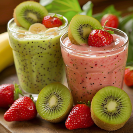 Two vibrant glasses of smoothies burst with goodness on a naturally elegant wooden surface. The green smoothie, brimming with fresh ingredients, is perfectly complemented by slices of banana and strawberries. Beside it, the Kiwi Berry Bliss smoothie dazzles in pink, adorned with a juicy strawberry and a slice of kiwi. Surrounding these refreshing delights are plump strawberries and bright kiwis, highlighting our commitment to freshness and healthful indulgence. At Zestful Blends, we take pride in offering nourishing fruit salads, invigorating juices, wholesome snacks, revitalizing smoothies, convenient whole fruit packs, and delectable desserts—all crafted with care for you and the environment.