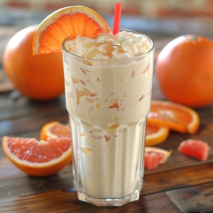 A tall glass brimming with our creamy, light orange Citrus Burst smoothie, artistically topped with ice cubes and elegantly garnished with a fresh orange slice on the rim. In the backdrop, whole and sliced oranges sit invitingly on a rustic wooden surface, showcasing the pure ingredients we use. A vibrant red straw completes the scene, promising a burst of refreshing flavor that’s bursting with goodness. At Zestful Blends, every sip is packed with health benefits and freshness. Enjoy nature's finest in our eco-friendly packaging!